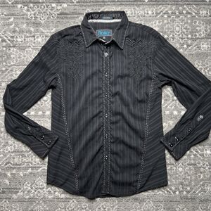 Roar Signature Black Pin Stripe L/ S Button up Embroidered Shirt Mens Small
